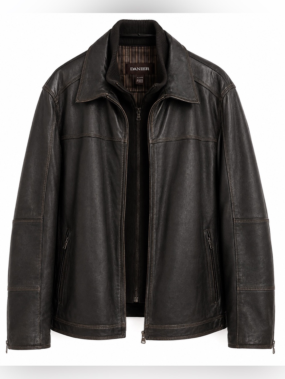 Danier Men’s Genuine Cowhide Black Leather Jacket w/ Zip-In Knit Collar Size 2XL